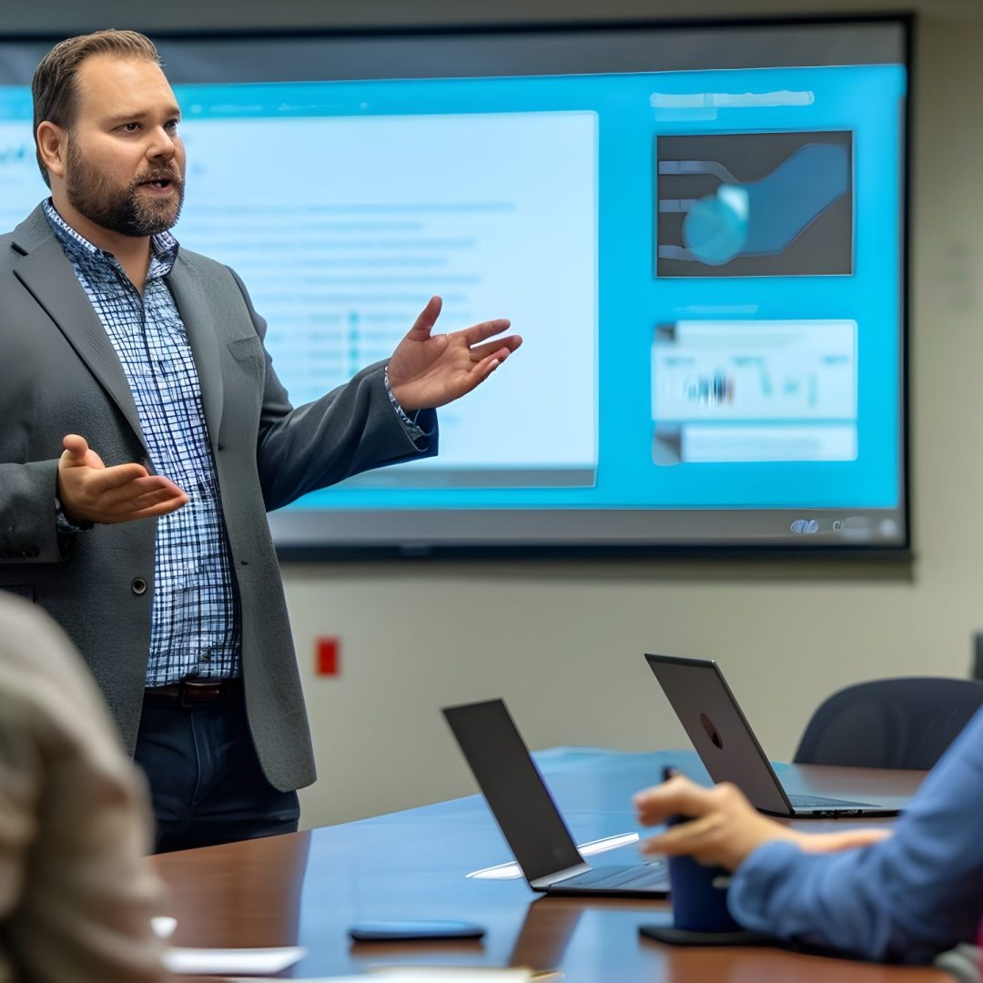 The image depicts a corporate leader,likely an executive or manager,standing in front of a large screen or projector display and presenting a business strategy or vision to an attentive audience in a
